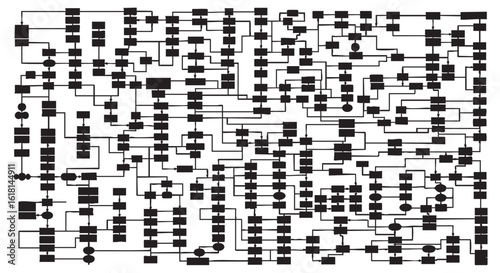 Complex Algorithm Visualization Black and White Diagram of Interconnected Processes and Data Flow
