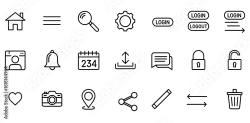 A collection of essential thin line icons for user interface design, including navigation, actions, and functions for web and mobile applications.