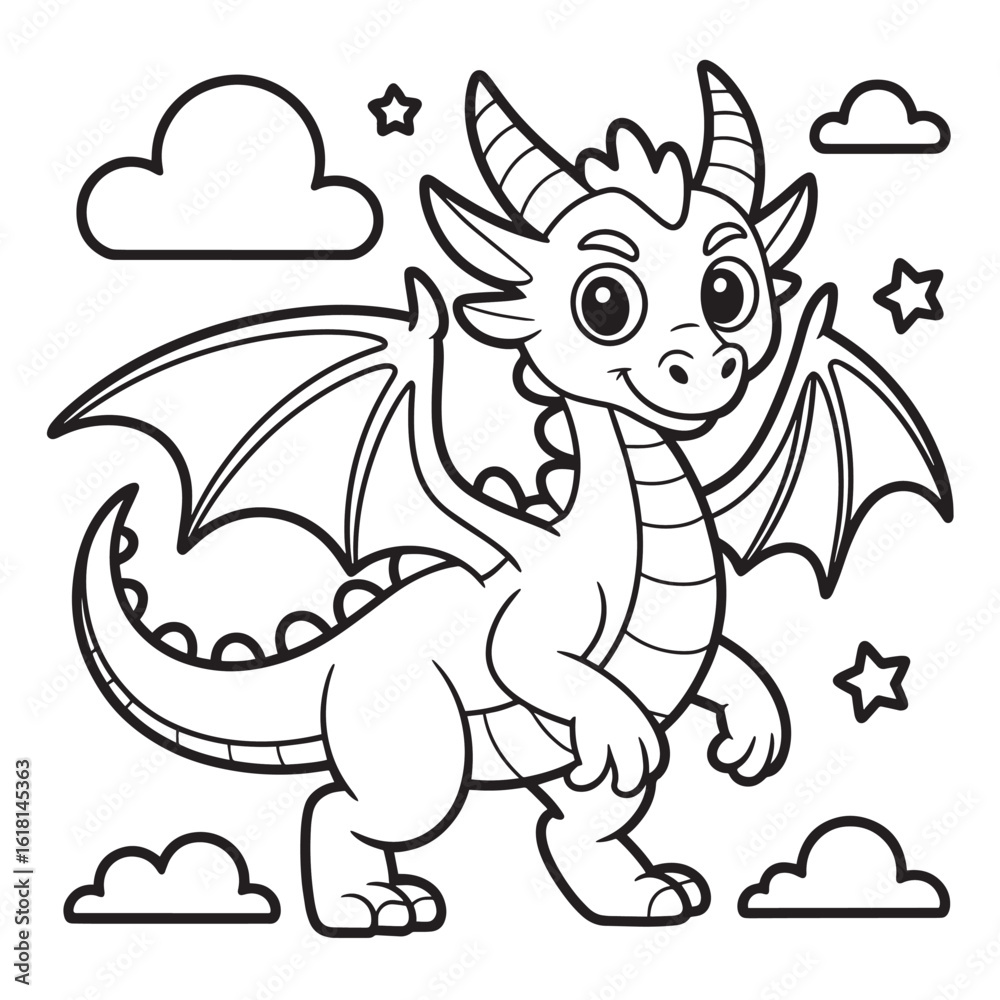 Obraz premium Adorable Dragon Cartoon Character Ready to Fly Coloring Page for Kids Fun Activity Book Illustration