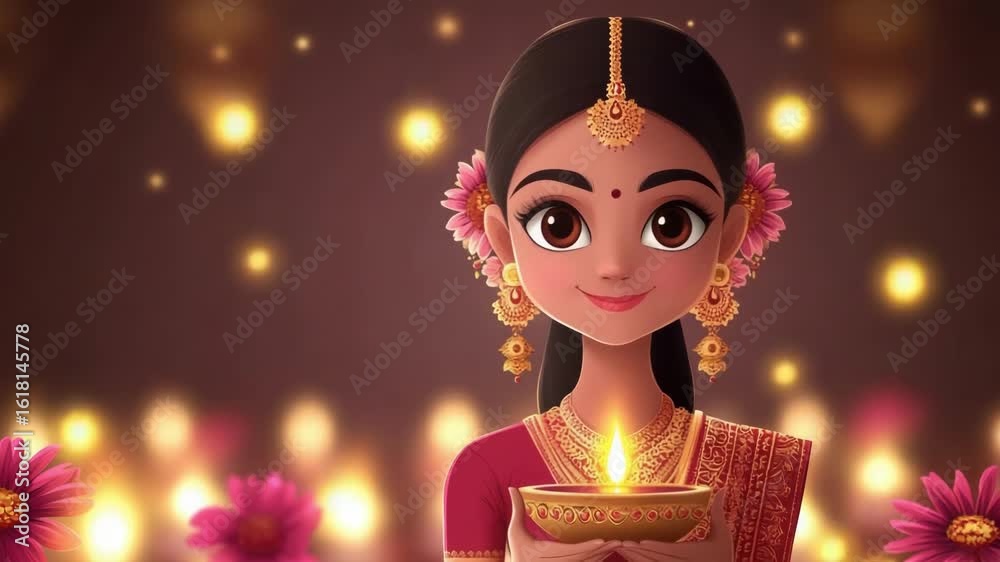 Cartoon woman holding lit diya. Traditional Diwali lamp representing light and prosperity. Hindu festival celebration. Deepavali, Festival Lights, Dipawali - Hindu Celebration, Indian Festival