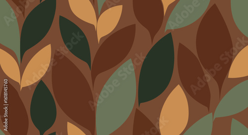 Modern abstract seamless pattern with stylized autumn leaves in earthy brown and green tones. Botanical vector illustration for background or textile design.