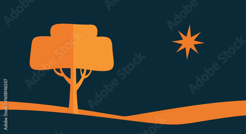 A serene night landscape featuring a solitary tree whisked under the glow of a singular, guiding star.