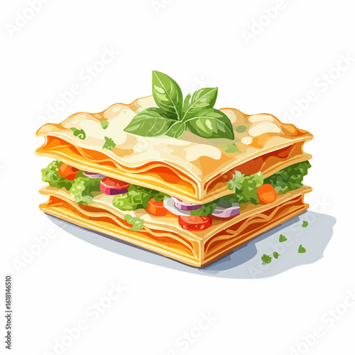 Delicious vegetable lasagna slice with fresh basil garnish, layered with pasta, lettuce, tomato, and onion in a stylized illustration.