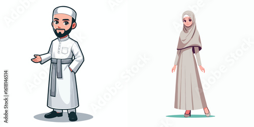 vector image of adult women and men wearing Muslim clothes