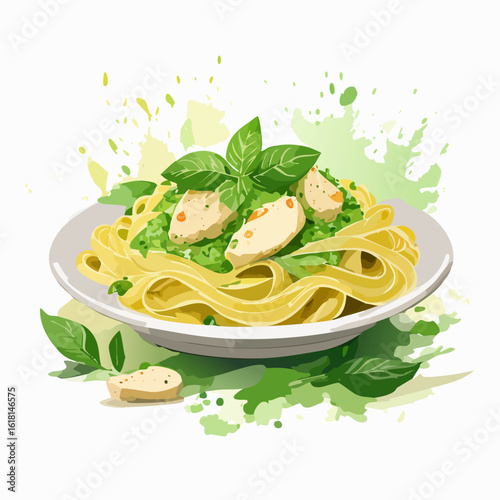 Stylized illustration of fettuccine pasta with green pesto sauce, chicken pieces, and fresh basil leaves on a white plate.