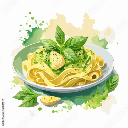 Vibrant watercolor illustration of fettuccine al pesto with fresh basil leaves and parmesan cheese.