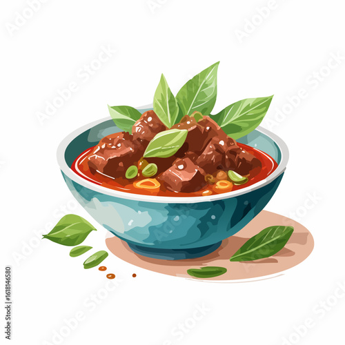 Stylized illustration of a savory beef curry in a rustic blue bowl with fresh basil.
