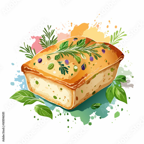 Golden-crusted savory herb loaf with fresh rosemary and basil, in a vibrant watercolor style.