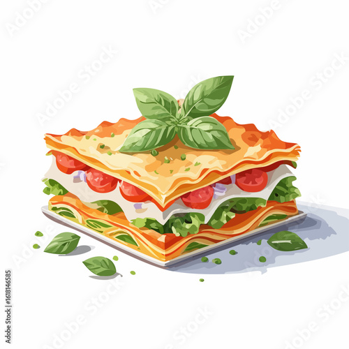 A delicious square slice of layered vegetarian lasagna, garnished with fresh basil leaves.