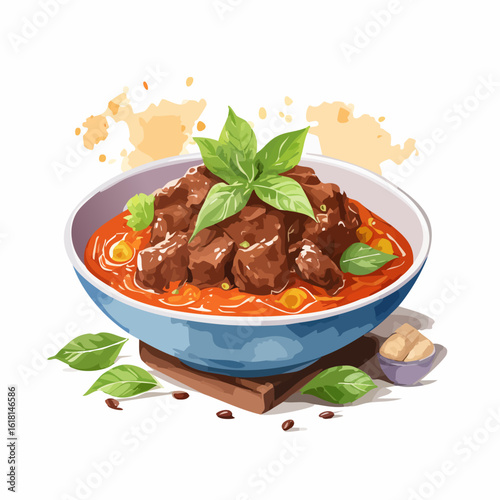 Vibrant watercolor illustration of a savory beef stew in a rich red sauce, garnished with fresh basil.