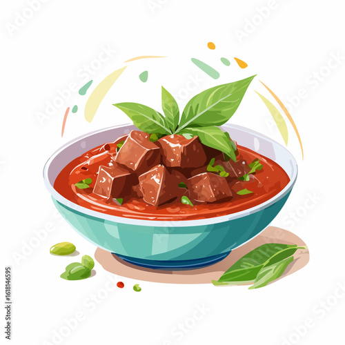 Savory meat stew with rich tomato sauce and fresh basil, served in a turquoise bowl.