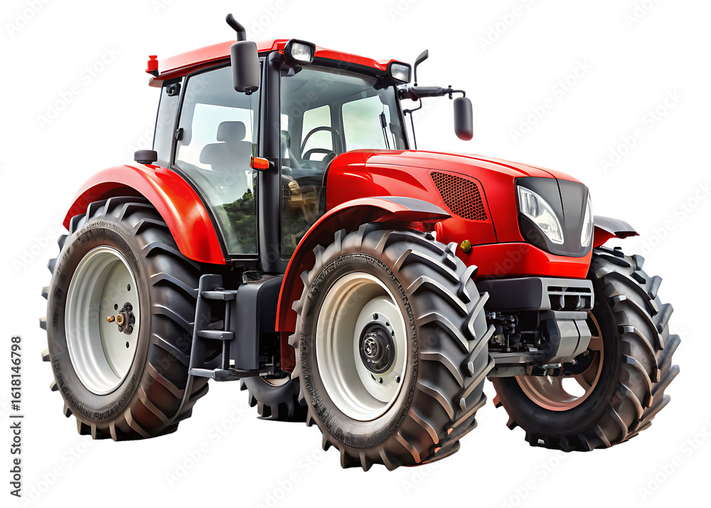 Red agricultural tractor with oversized tires and modern design isolated on white background PNG.AI Generated. Red agricultural tractor with oversized tires and modern design isolated on white background PNG.AI Generated.