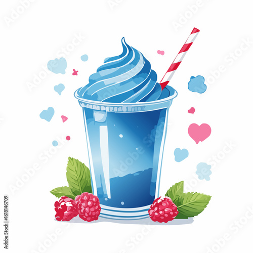 Refreshing blue raspberry slushie in a plastic cup with a swirled topping, striped straw, and fresh mint garnish.