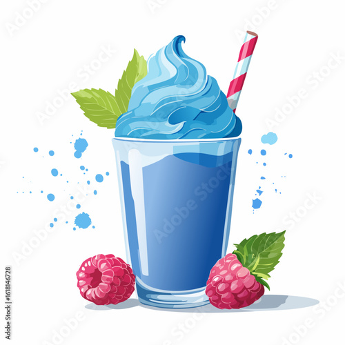 Illustrated blue raspberry smoothie with a creamy swirl, mint garnish, and fresh berries.