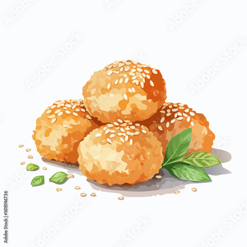 A delicious pile of golden-fried sesame balls garnished with fresh basil leaves.