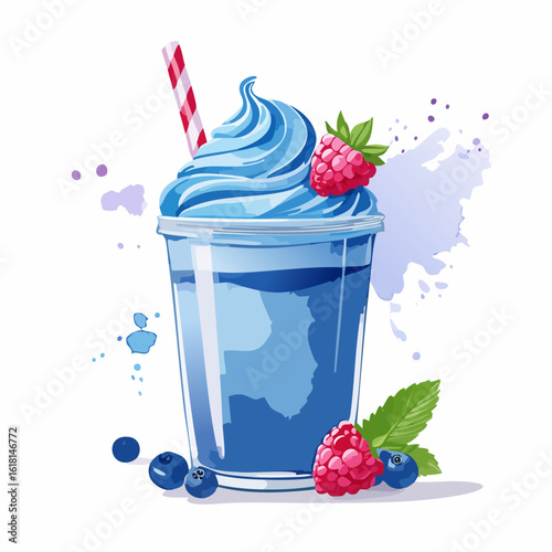 Illustrated blue berry smoothie with a whipped cream swirl, fresh raspberries, and a striped straw.