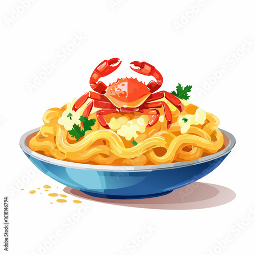 Gourmet seafood pasta with a whole red crab and parsley, served in a vibrant blue bowl.