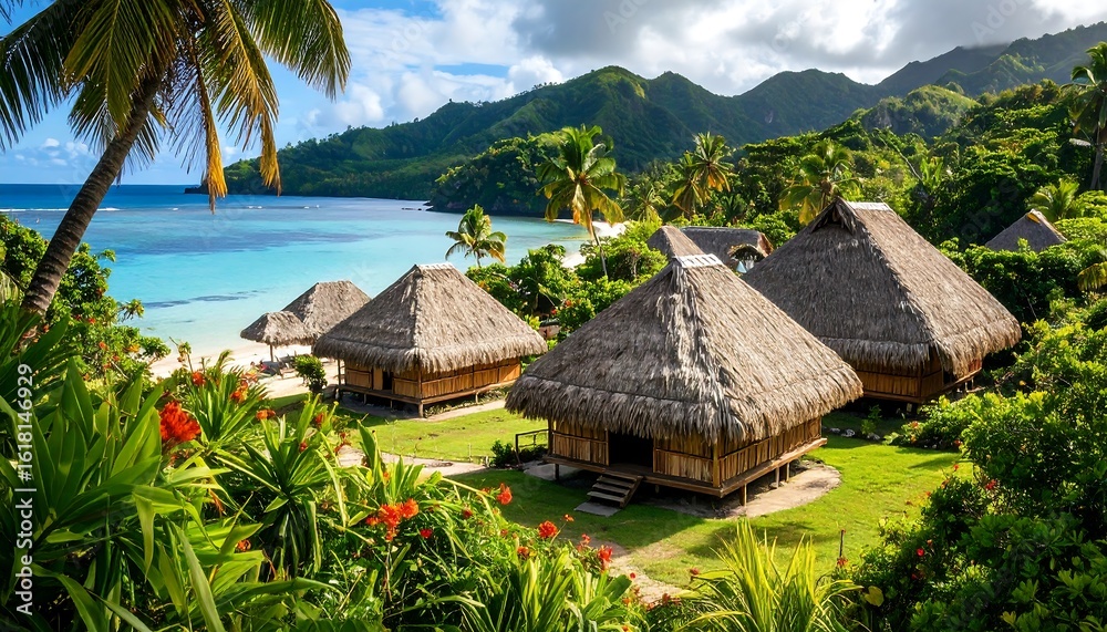Tropical beach huts nestled by turquoise water Tropical beach huts nestled by turquoise water