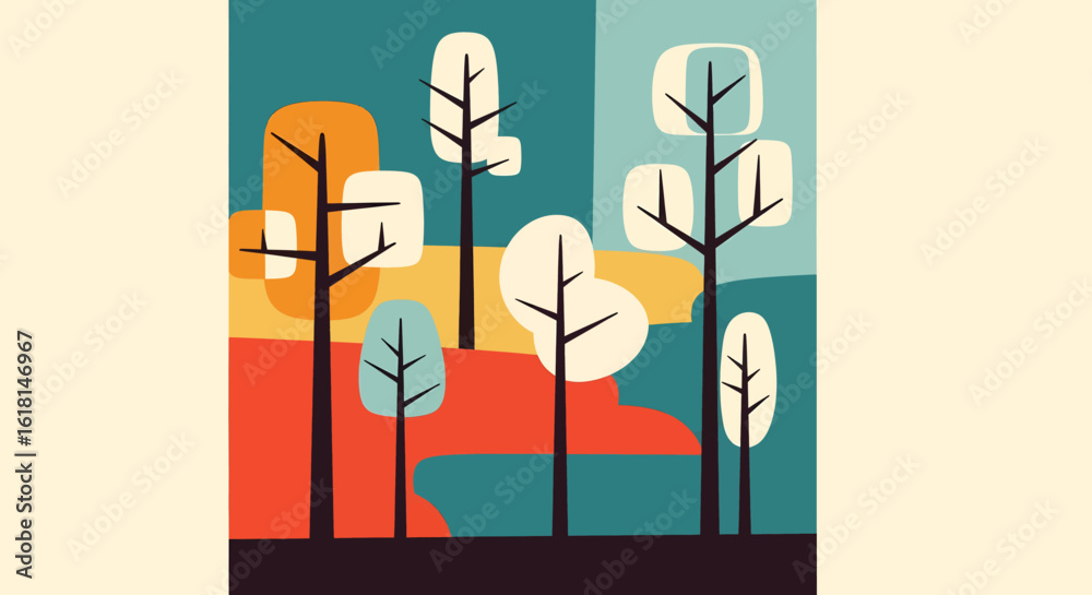 Fototapeta premium Retro Style Geometric Trees Landscape Illustration with Mid-Century Modern Aesthetic