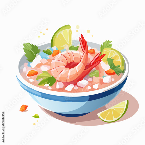 Vibrant cartoon illustration of a delicious shrimp ceviche bowl with zesty lime wedges and fresh cilantro.