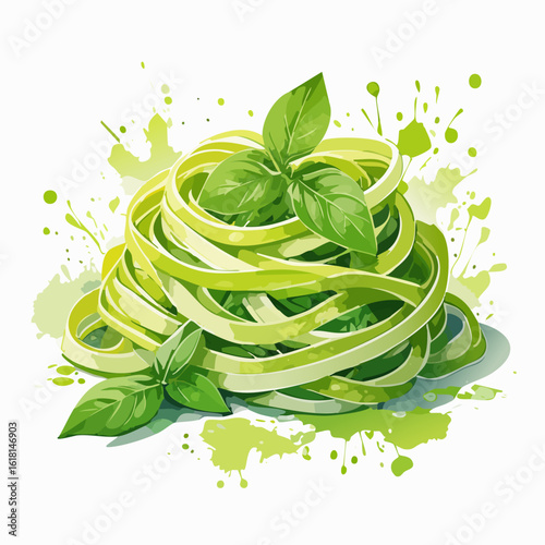 A vibrant watercolor illustration of a nest of green zucchini noodles garnished with fresh basil leaves.