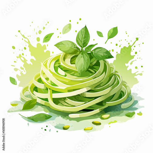 Vibrant green tagliatelle pasta nest garnished with fresh basil leaves in a watercolor style.