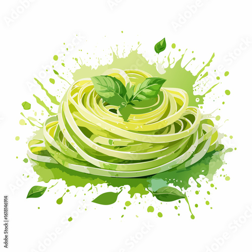 A vibrant watercolor illustration of a fresh green pasta nest garnished with basil leaves and artistic splashes.