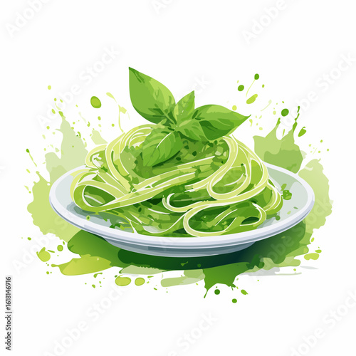 Stylized green fettuccine pasta with pesto and fresh basil, rendered in a vibrant watercolor splash style.