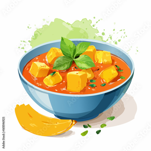 A vibrant bowl of Indian paneer curry in a rich tomato gravy, garnished with fresh basil leaves and served with naan bread.