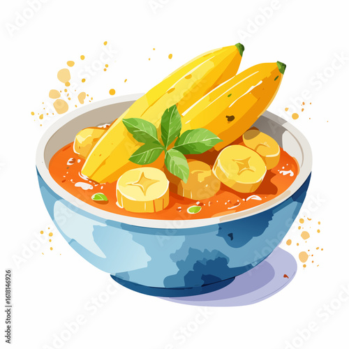 A stylized watercolor illustration of a banana curry dish in a blue bowl, with whole and sliced bananas and a fresh basil garnish.
