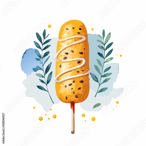 Golden Korean corn dog on a stick, with dark toppings and a white sauce drizzle. A stylized watercolor food illustration.