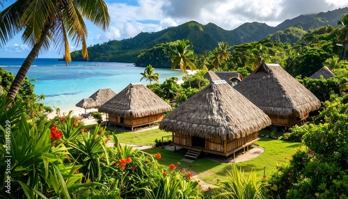 Tropical beach huts nestled by turquoise water
