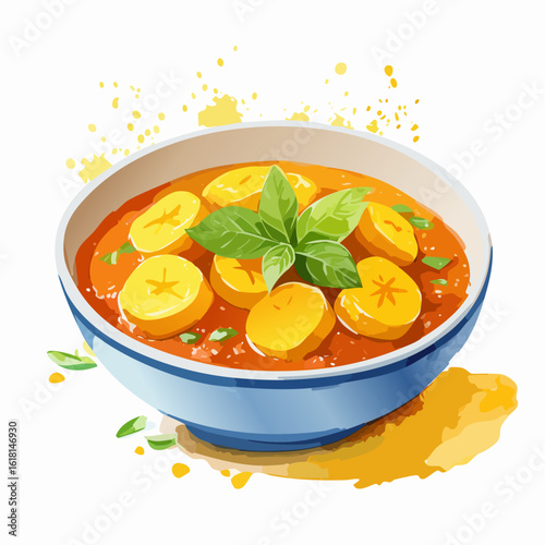 Vibrant watercolor illustration of a savory plantain stew in a blue bowl, garnished with fresh green basil leaves.
