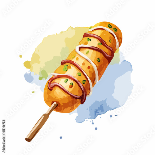 Golden-fried Korean corn dog on a stick with zigzag sauce drizzles and fresh green garnish.