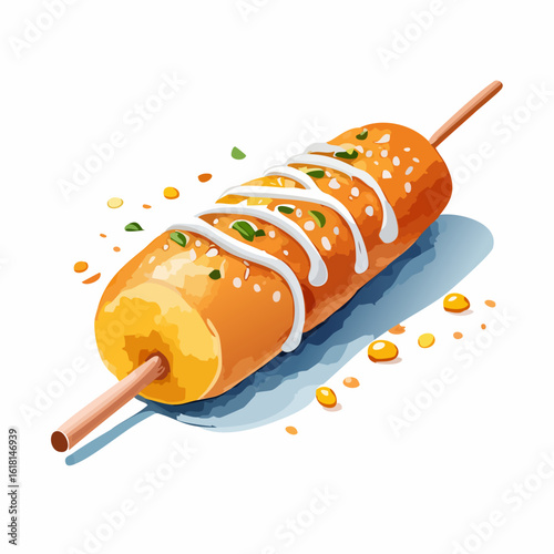 Golden fried Korean corn dog on a skewer, drizzled with creamy white sauce and sprinkled with fresh green herbs.