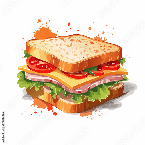 Stylized illustration of a layered ham and cheese sandwich with tomato, lettuce, and artistic orange splatters.