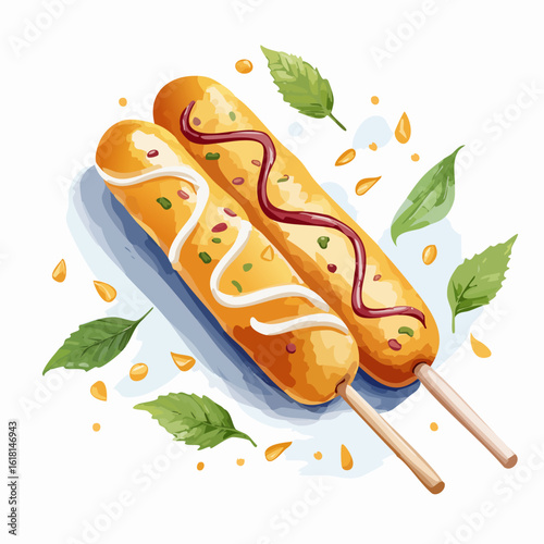 Two golden-brown Korean corn dogs on sticks, garnished with red and white sauces and herbs.