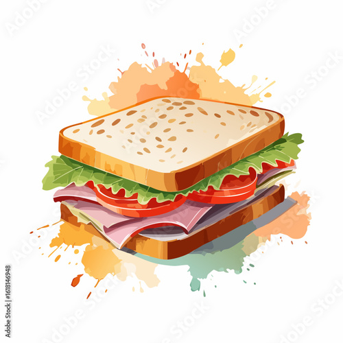 Artistic watercolor illustration of a fresh ham sandwich with lettuce, tomato, and sesame bread.