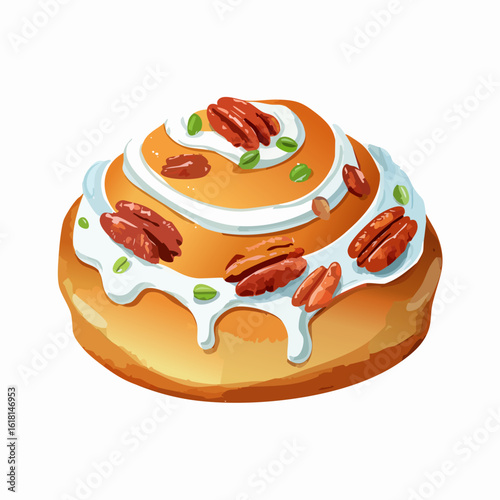 A sweet, illustrated cinnamon roll with dripping white icing, topped with toasted pecans and green pistachio nuts.