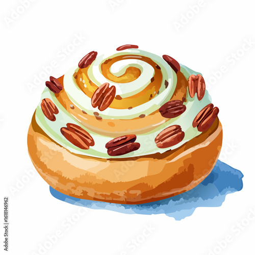 A golden-baked cinnamon roll with swirled mint green frosting and topped with whole pecan nuts.