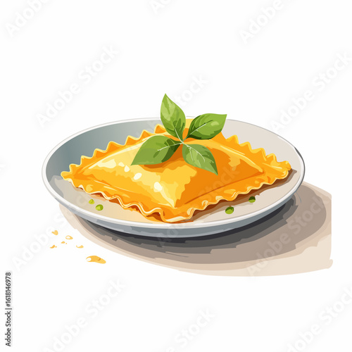 Single large square ravioli with ruffled edges, garnished with fresh basil leaves on a plate.