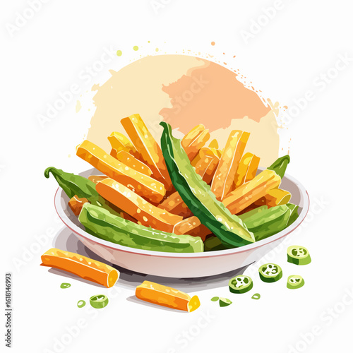 A vibrant watercolor illustration of a bowl with crispy fried sweet potato and okra sticks, garnished with fresh jalape?o slices.