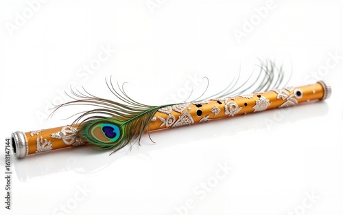 Beautiful flute with gold and silver embroidery and peacock feather, lord Krishna flute isolated on white background, generative ai. High quality