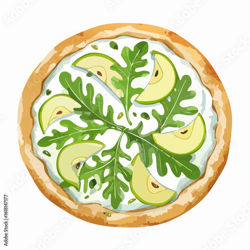 Gourmet pizza illustration with fresh arugula, sliced green pear, and creamy white sauce on a golden crust.