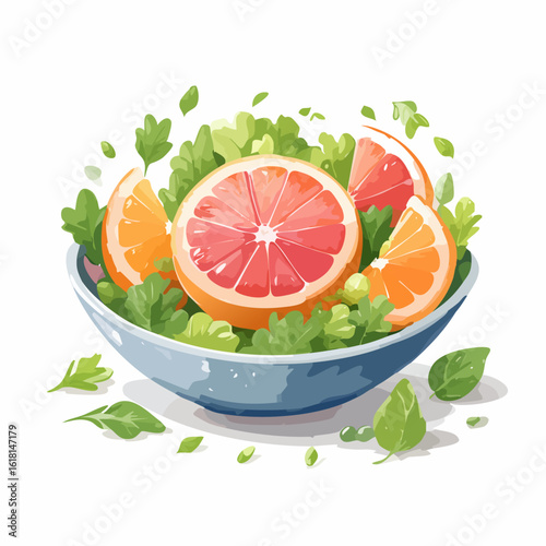 Vibrant citrus salad with sliced grapefruit and oranges nestled in fresh greens, served in a light blue bowl.