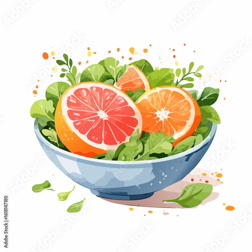 Vibrant watercolor illustration of a fresh citrus salad with sliced grapefruit and orange in a light blue bowl.