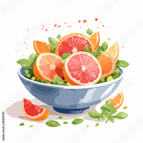 Fresh citrus salad with sliced grapefruit and orange in a blue bowl, watercolor style.