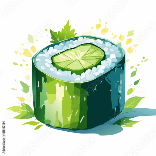 Fresh cucumber maki sushi roll in a vibrant, artistic watercolor style with green leaf accents.