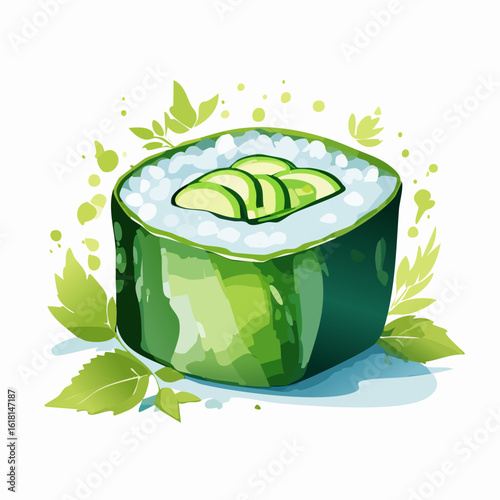 Vibrant green maki sushi roll with sliced avocado, illustrated with fresh leaves.