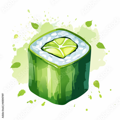 Vibrant watercolor illustration of a single square green maki sushi roll with a lime slice.